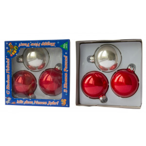 Набір ялинкових іграшок - кулі, 3 шт, D8 см, червоний, сріблястий, скло, глянець (390656-2)