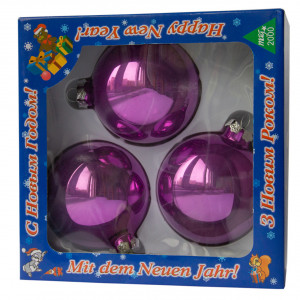 Набір ялинкових іграшок - кулі, 3 шт, D8 см, бузковий, скло, глянець (390656-3)