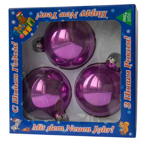 Набір ялинкових іграшок - кулі, 3 шт, D8 см, бузковий, скло, глянець (390656-3)