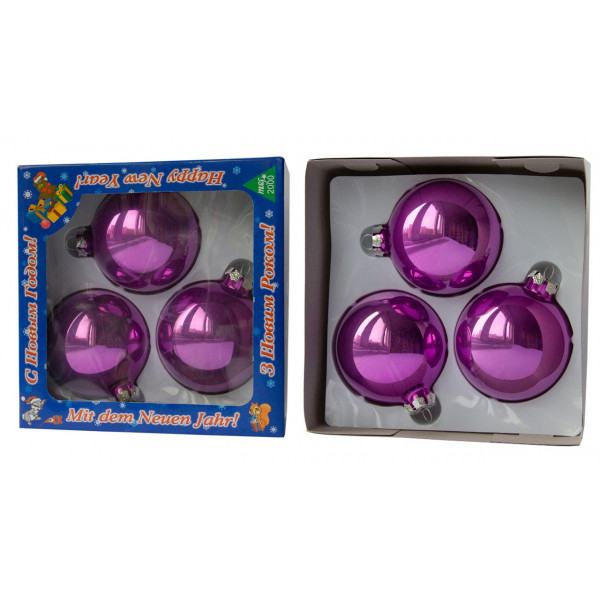 Набір ялинкових іграшок - кулі, 3 шт, D8 см, бузковий, скло, глянець (390656-3)