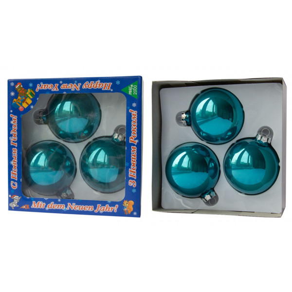 Набір ялинкових іграшок - кулі, 3 шт, D8 см, бірюзовий, скло, глянець (390656-4)
