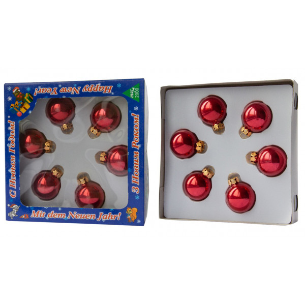 Набір ялинкових іграшок - міні-кулі, 6 шт, D4 см, червоний, глянець, скло (390663-3)