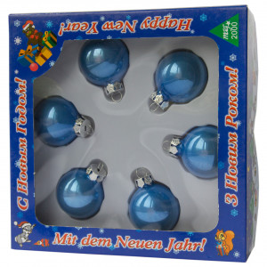 Набір ялинкових іграшок - міні-кулі, 6 шт, D4 см, синій, глянець, скло (390663-4)