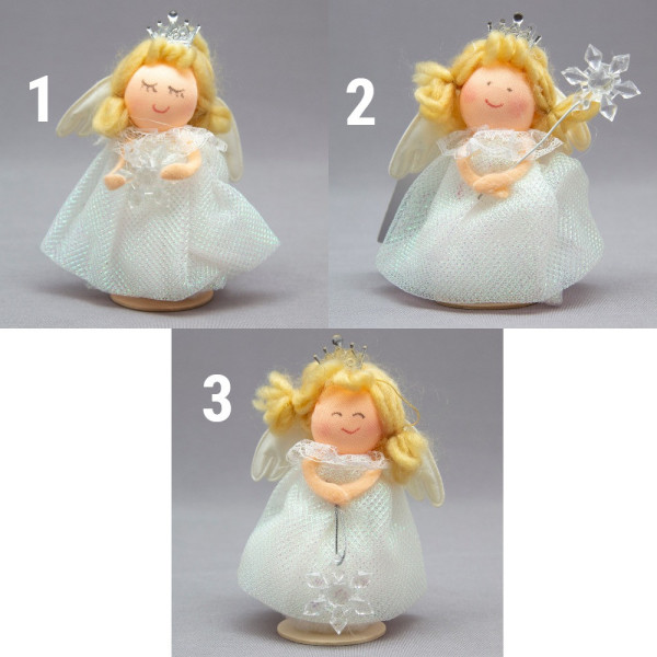 Новорічна ялинкова іграшка - фігурка Янголятко зі сніжинкою на паличці, 10 см, білий, текстиль (220310-2)