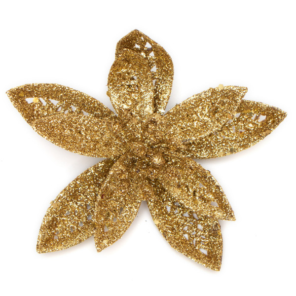 Ялинкова іграшка на кліпсі - Квітка, 13 см, золотистий, метал, тканина, гліттер (004881)