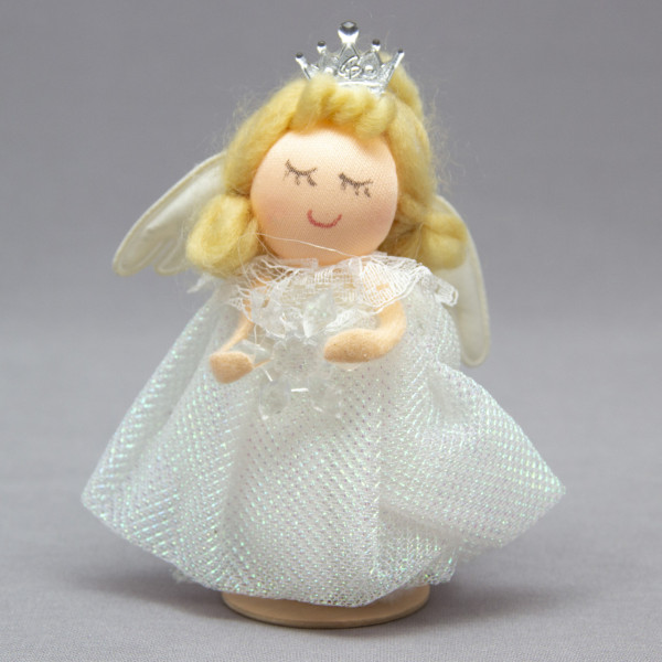 Новорічна ялинкова іграшка - фігурка Янголятко зі сніжинкою в руках, 10 см, білий, текстиль (220310-1)