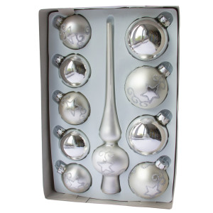 Набір ялинкових іграшок - кулі з верхівкою, 10 шт, D5-6 см, сріблястий, великі зірки, скло, мікс (390267-15)