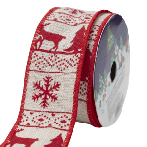 Декоративна прикраса - стрічка в рулоні олень та ялинка, 3 м, 4 см, білий, поліестер (080792-1)