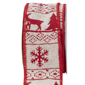 Декоративна прикраса - стрічка в рулоні олень та ялинка, 3 м, 4 см, білий, поліестер (080792-1)