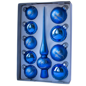 Набір ялинкових іграшок - кулі з верхівкою, 10 шт, D5-6 см, синій зі сніжинкою, скло, мікс (390267-10)