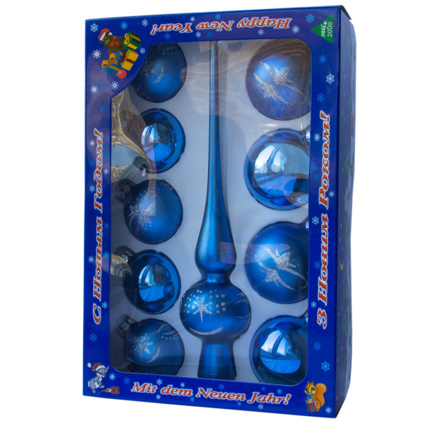 Набір ялинкових іграшок - кулі з верхівкою, 10 шт, D5-6 см, синій зі сніжинкою, скло, мікс (390267-10)