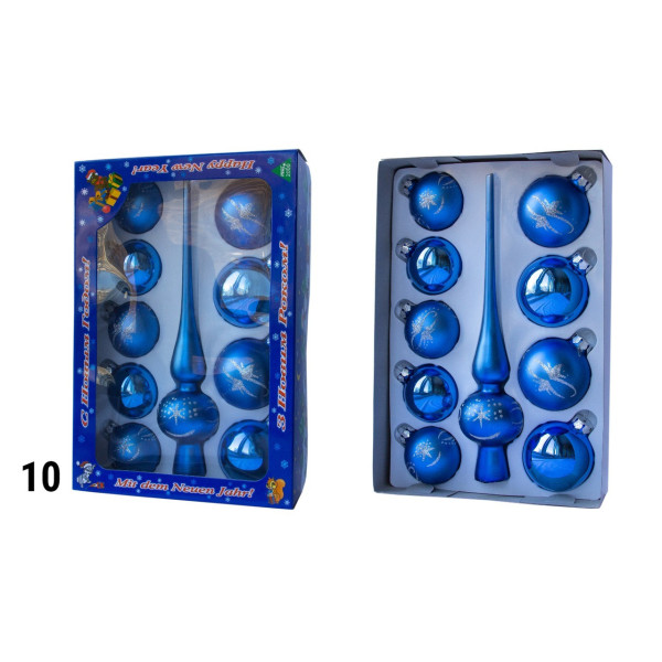 Набір ялинкових іграшок - кулі з верхівкою, 10 шт, D5-6 см, синій зі сніжинкою, скло, мікс (390267-10)