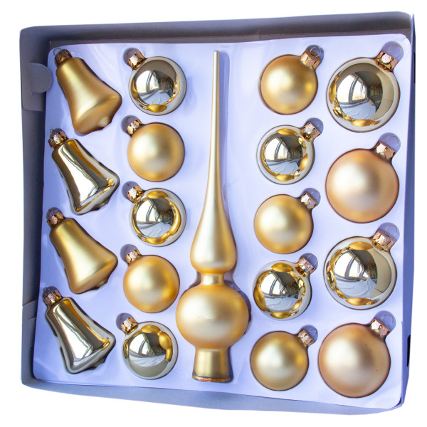 Набір ялинкових іграшок - кулі з верхівкою, 19 шт, D5-6 см, золотистий, мікс, скло (390212-2)