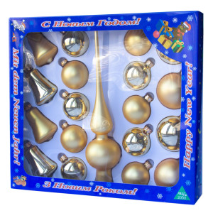 Набір ялинкових іграшок - кулі з верхівкою, 19 шт, D5-6 см, золотистий, мікс, скло (390212-2)