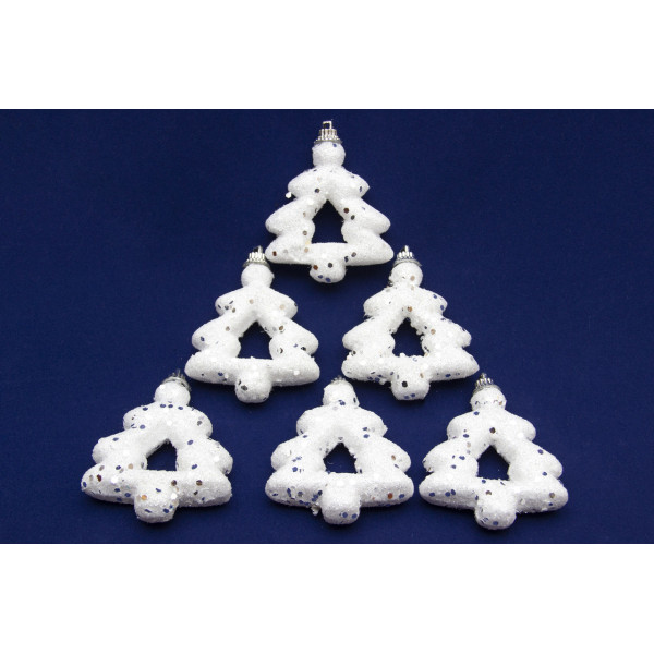 Набір ялинкових іграшок - ялинки з блискітками, 6 шт, 7 см, білий, пінопласт (200121)
