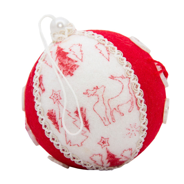 Ялинкова іграшка - куля, D 9 см, червона, біла, текстиль (430017-2)