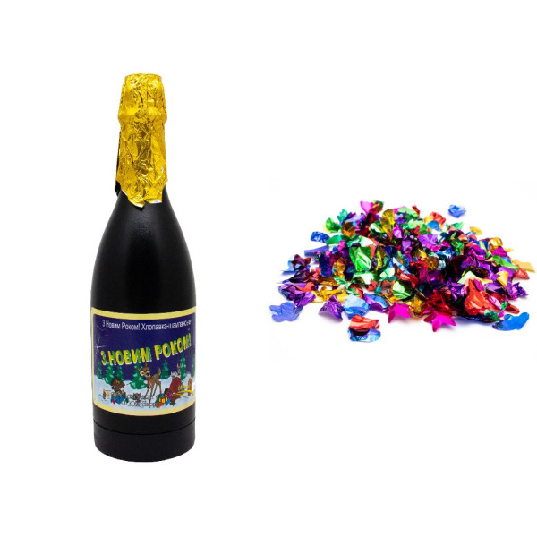 Хлопавка пневматична - шампанське З НОВИМ РОКОМ, 30 см, різнокольорові фігурки з фольги (400492-2)
