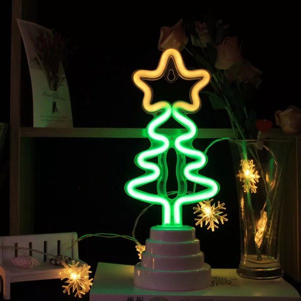 Неоновий світильник Ялинка на підставці, нічник, 11x9x28 см, батарейки/USB провід (140564)