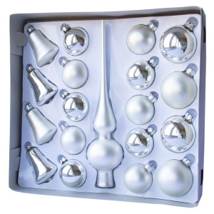 Набір ялинкових іграшок - кулі з верхівкою, 19 шт, D5-6 см, сріблястий, скло, мікс (390212-1)