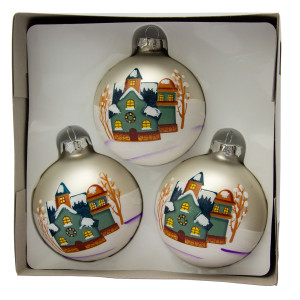 Набір ялинкових іграшок - кулі з розписом, 3 шт, D8 см, сріблястий, матовий, скло (390427-1)
