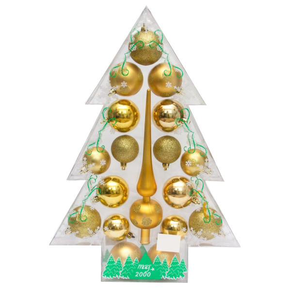 Набір ялинкових іграшок - кулі з верхівкою в коробці форми ялинки, 18 шт, D5-6 см, золотистий, пластик, мікс (030811-2)