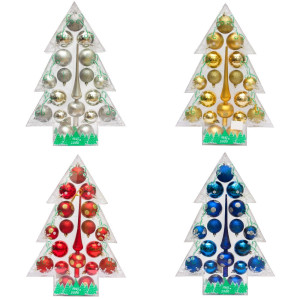 Набір ялинкових іграшок - кулі з верхівкою в коробці форми ялинки, 18 шт, D5-6 см, золотистий, пластик, мікс (030811-2)