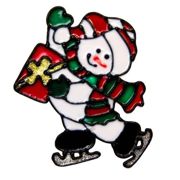 Новорічна прикраса - наліпка на вікно сніговик на ковзанах, 15x15 см, білий, ПВХ (160449-4)