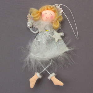 Новорічна ялинкова іграшка - фігурка Янголятко в білій сукні із зіркою, 15 см, білий, текстиль (220945-3)