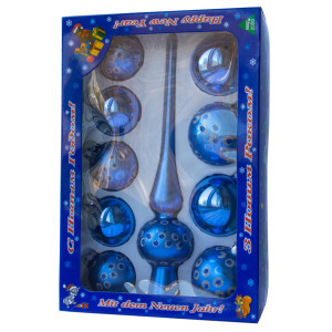 Набір ялинкових іграшок - кулі з верхівкою, 10 шт, D5-6 см, синій, в крапку, скло, мікс (390267-9)