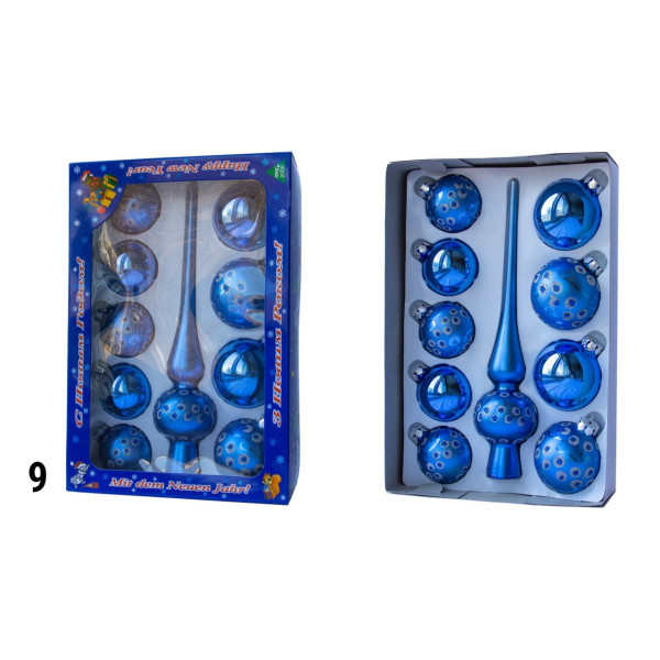 Набір ялинкових іграшок - кулі з верхівкою, 10 шт, D5-6 см, синій, в крапку, скло, мікс (390267-9)