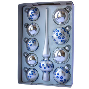 Набір ялинкових іграшок - кулі з верхівкою, 10 шт, сріблястий, в крапку, скло, мікс (390267-1)