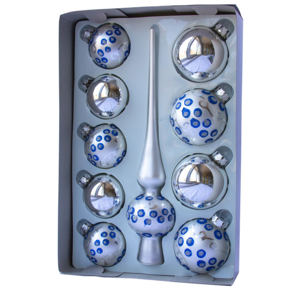 Набір ялинкових іграшок - кулі з верхівкою, 10 шт, сріблястий, в крапку, скло, мікс (390267-1)