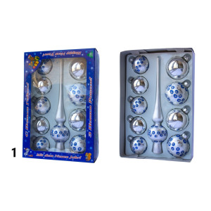 Набір ялинкових іграшок - кулі з верхівкою, 10 шт, сріблястий, в крапку, скло, мікс (390267-1)