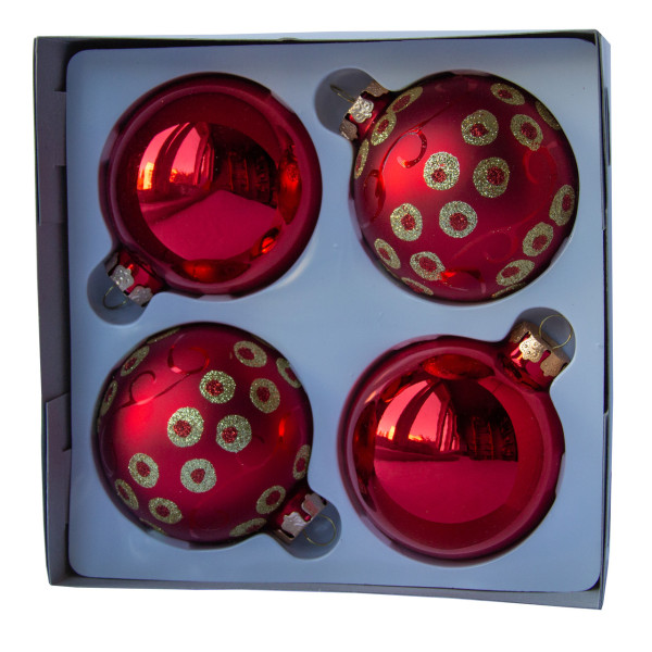 Набір ялинкових іграшок - кулі, 4 шт, D7 см, червоний, в крапку, скло (390335-9)