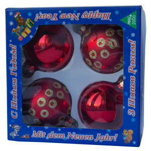 Набір ялинкових іграшок - кулі, 4 шт, D7 см, червоний, в крапку, скло (390335-9)