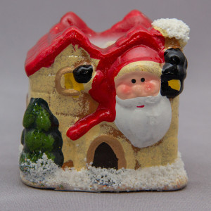 Підсвічник - Будиночок та Санта (Дід Мороз) зі свічкою, 6,8x6x6 см, червоний дах, кераміка (790104-2)