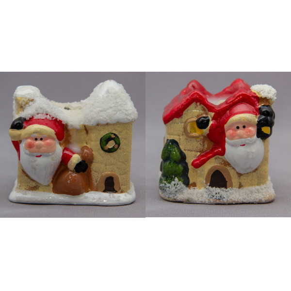 Підсвічник - Будиночок та Санта (Дід Мороз) зі свічкою, 6,8x6x6 см, червоний дах, кераміка (790104-2)