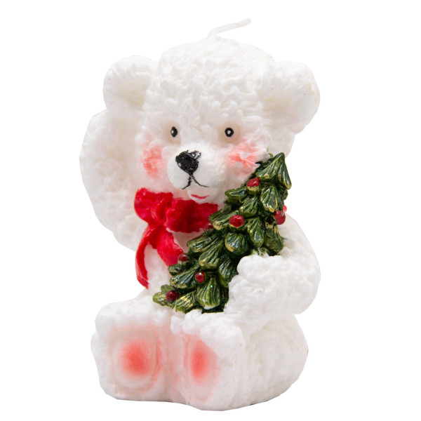 Свічка - Ведмідь з ялинкою, 8,5x7,7x10,9 см, білий з червоним, парафін (790630-2)