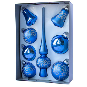 Набір ялинкових іграшок - кулі з верхівкою, 8 шт, D6-8 см, синій, хвилі, скло, мікс (390281-7)