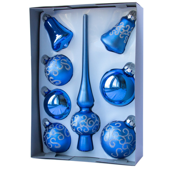 Набір ялинкових іграшок - кулі з верхівкою, 8 шт, D6-8 см, синій, хвилі, скло, мікс (390281-7)