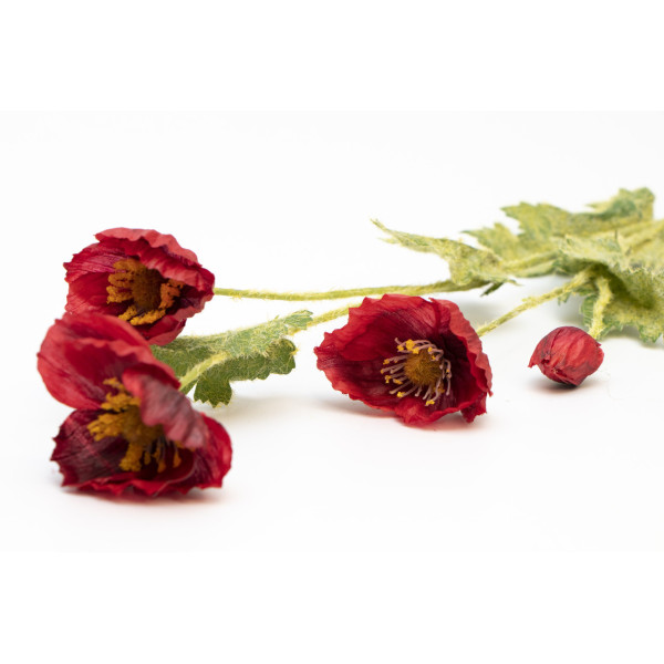 Штучна квітка Мак - 4 квітки, гілка, тканина, пластик, 60 см, червоний (632403)