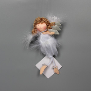 Новорічна ялинкова іграшка - фігурка Янголятко з ялинкою, 15 см, білий, текстиль (220020-2)