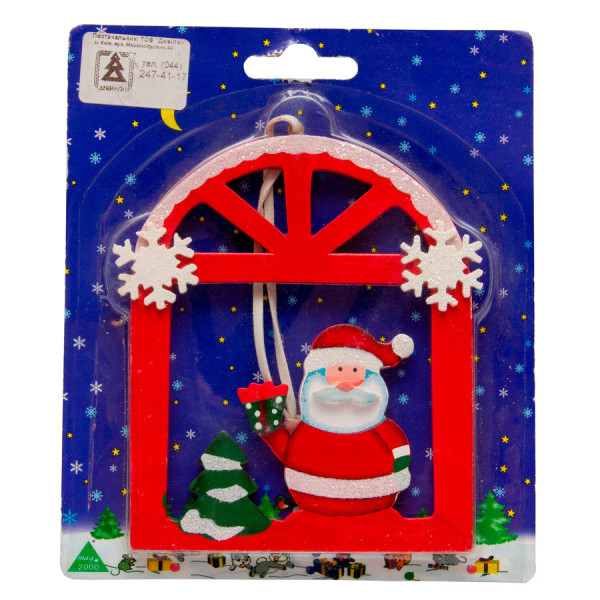 Ялинкова іграшка - фігурка Санта (Дід Мороз) у віконці, 12x15 см, червоний, дерево (060368-1)