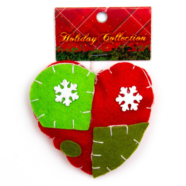 Ялинкова іграшка м'яка - Серце, 12 см, червоний із зеленим, текстиль (000425-3)