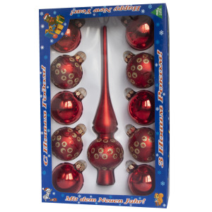 Набір ялинкових іграшок - кулі з верхівкою, 11 шт, D6 см, червоний, скло, в крапку, мікс (390236-13)