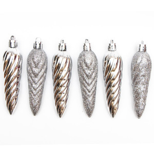 Набір ялинкових іграшок - Бурулька, 6 шт, 10 см, сріблястий, пластик, мікс (032099)
