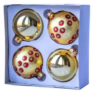 Набір ялинкових іграшок - кулі, 4 шт, D7 см, золотистий, у червону крапку, скло, мікс (390335-5)