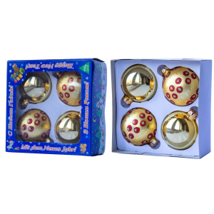 Набір ялинкових іграшок - кулі, 4 шт, D7 см, золотистий, у червону крапку, скло, мікс (390335-5)