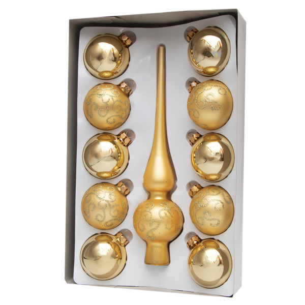 Набір ялинкових іграшок - кулі з верхівкою, 11 шт, D6 см, скло, золотистий, у маленькі хвилі, мікс (390236-10)