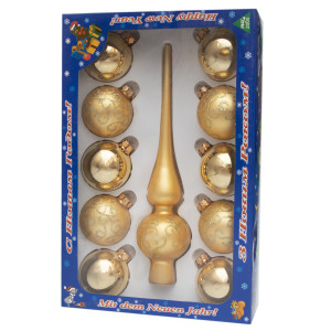 Набір ялинкових іграшок - кулі з верхівкою, 11 шт, D6 см, скло, золотистий, у маленькі хвилі, мікс (390236-10)